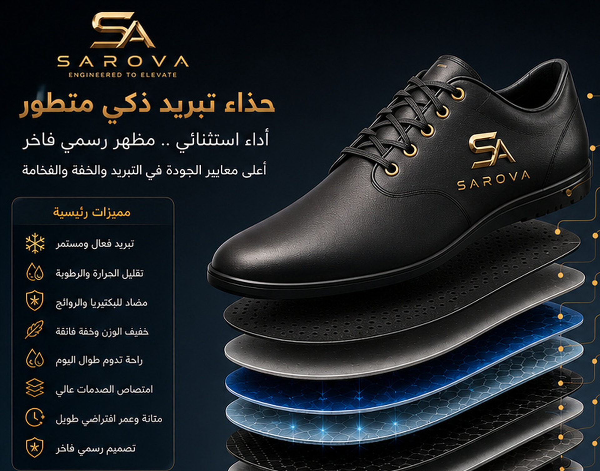 SAROVA Formal Line A1 smart cooling dress shoe in matte black with gold SA branding