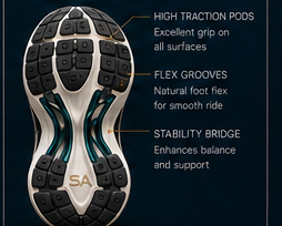 Apex Ultimate outsole with high traction pods, flex grooves and stability bridge