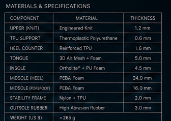 Apex Ultimate materials and specifications table